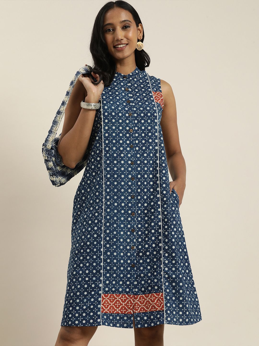 Taavi Navy Blue Ethnic Motifs Indigo Pure Cotton A-Line Dress Price in India
