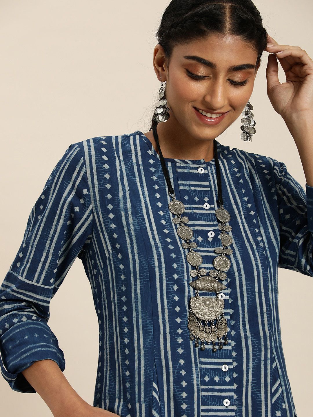 Taavi Women Blue & White Indigo Casual A-Line Maxi Dress Price in India