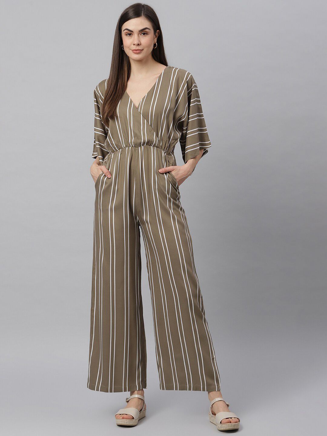 JUNE & HARRY Olive Green & White Striped Basic Jumpsuit Price in India