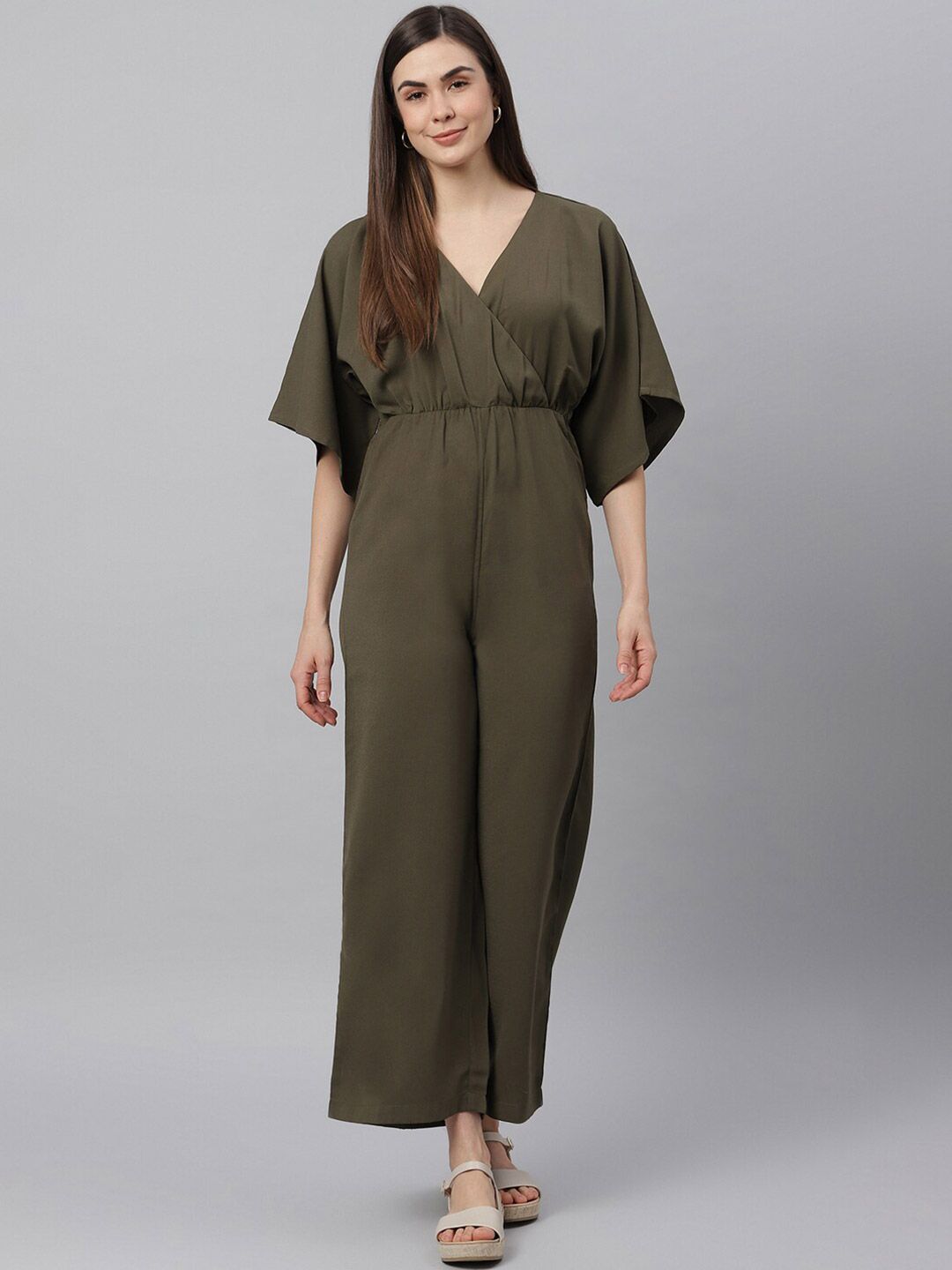 JUNE & HARRY Olive Green V Neck Jumpsuit Price in India