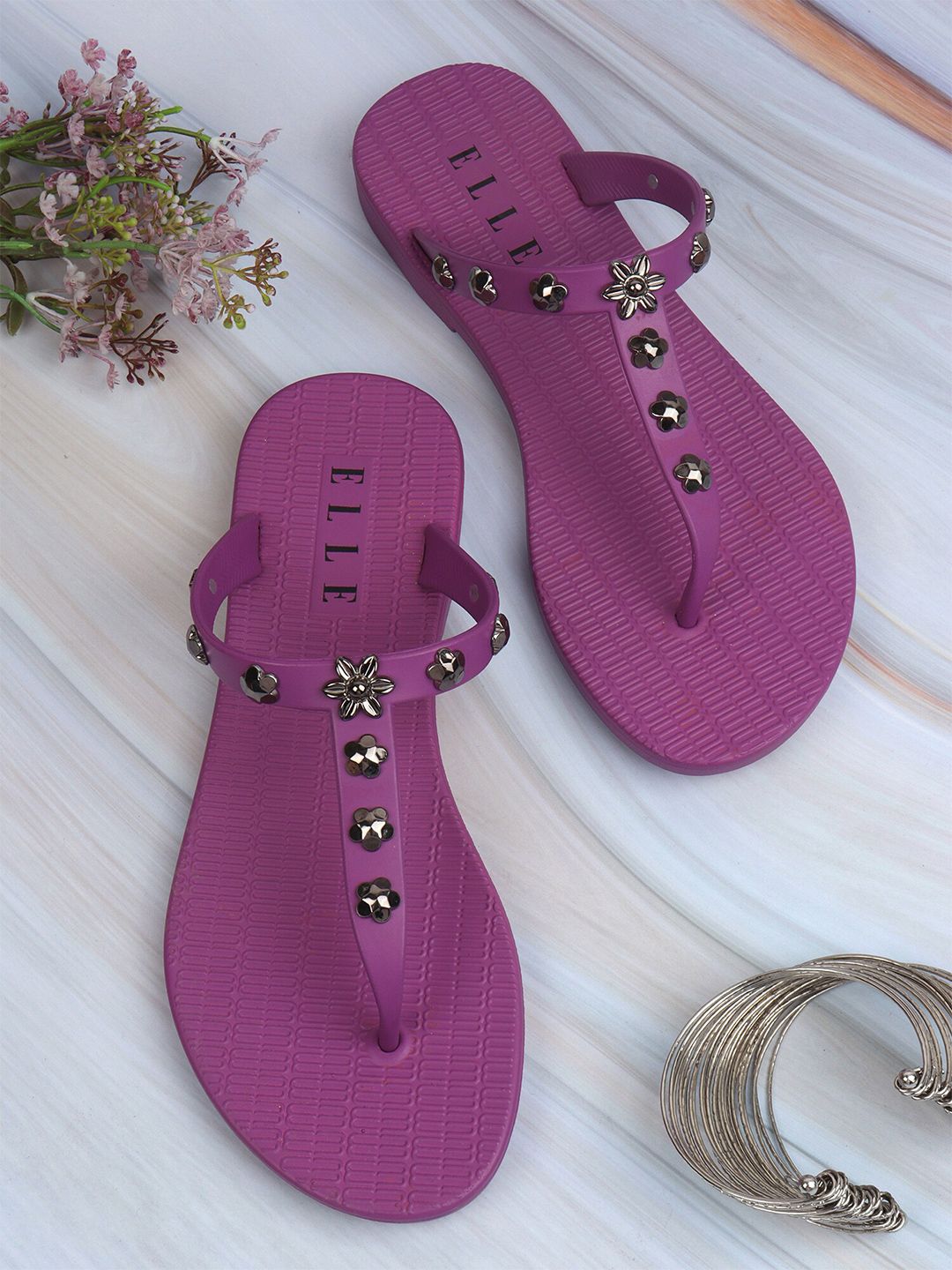 ELLE Women Purple & Bronze-Toned Embellished Thong Flip-Flops Price in India