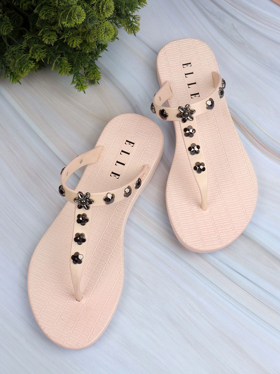 ELLE Women Pink & Bronze-Toned Embellished Thong Flip-Flops Price in India