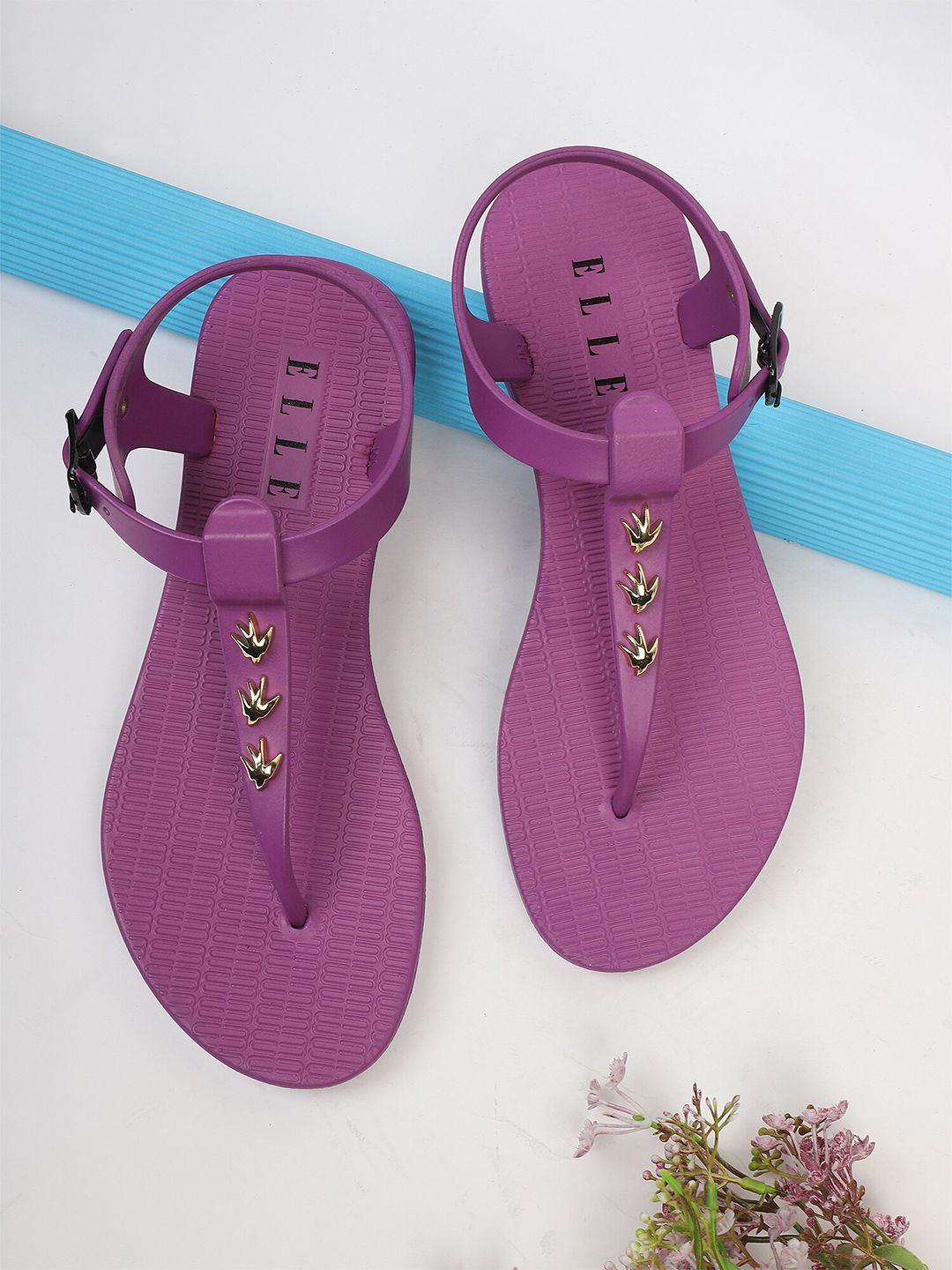 ELLE Women Purple & Gold-Toned Thong Flip-Flops Price in India