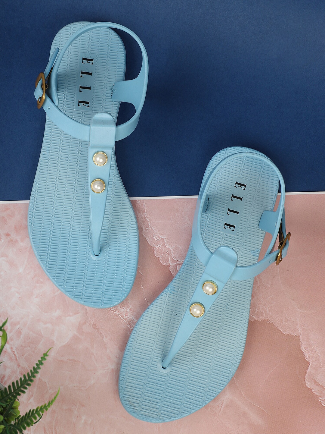 ELLE Women Blue T-Strap Flats Price in India