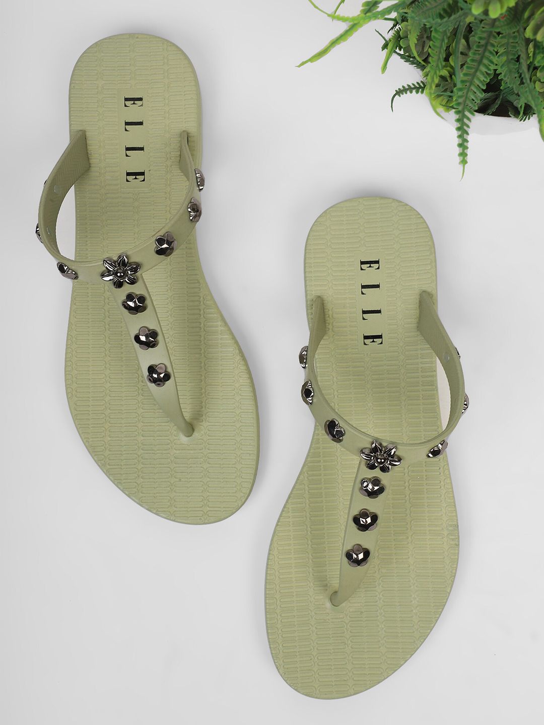 ELLE Women Green & Bronze-Toned Embellished Thong Flip-Flops Price in India