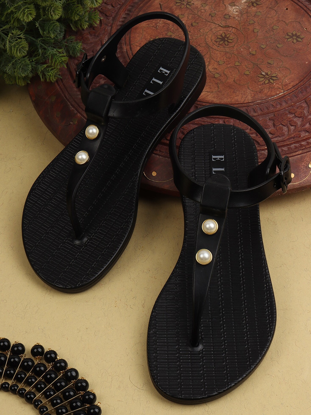 ELLE Women Black Embellished Thong Flip-Flops Price in India