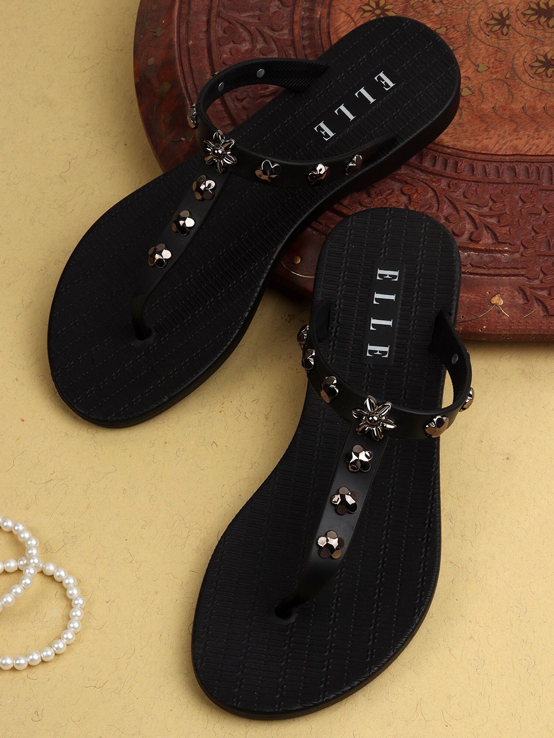 ELLE Women Black Thong Flip-Flops Price in India