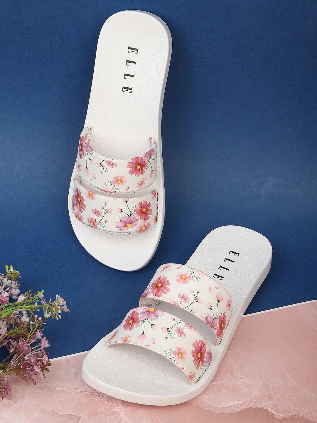 ELLE Women White & Pink Printed Sliders Price in India