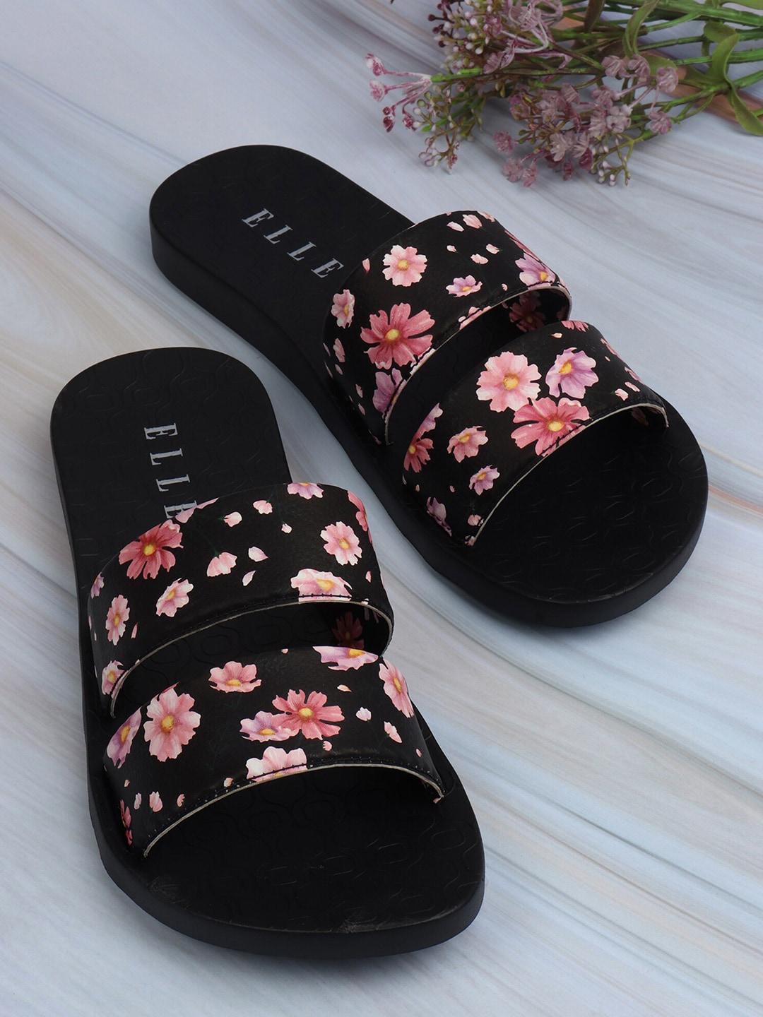 ELLE Women Black & Pink Printed Sliders Price in India