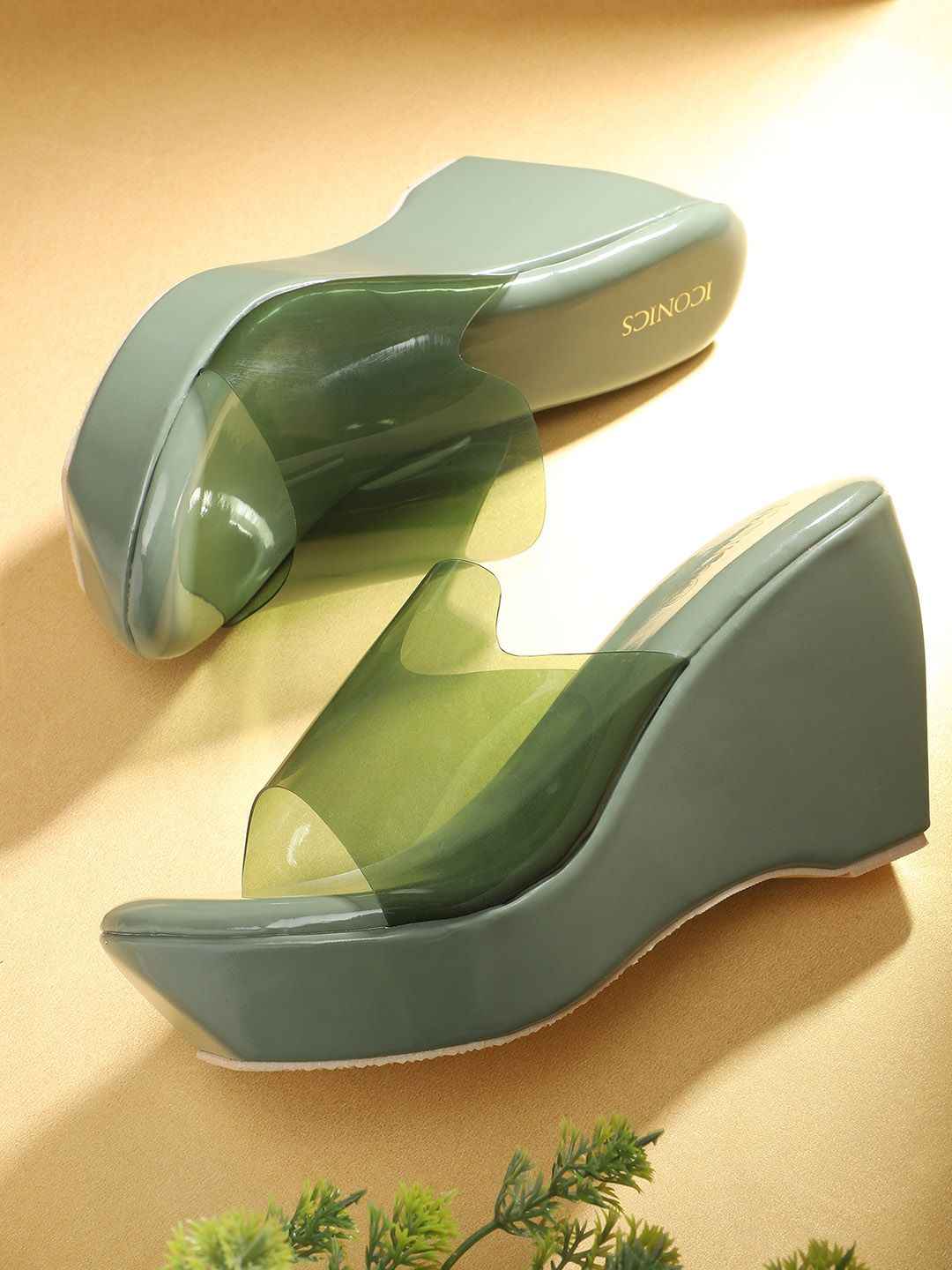 ICONICS Olive Green Wedge Peep Toes Price in India