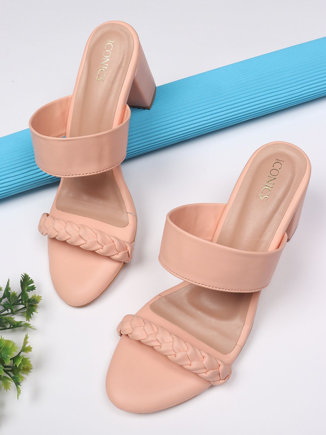 ICONICS Peach-Coloured Block Sandals Price in India