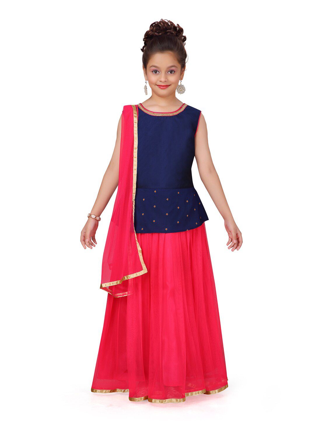 Aarika Girls Navy Blue & Magenta Embroidered Ready to Wear Lehenga & Blouse With Dupatta