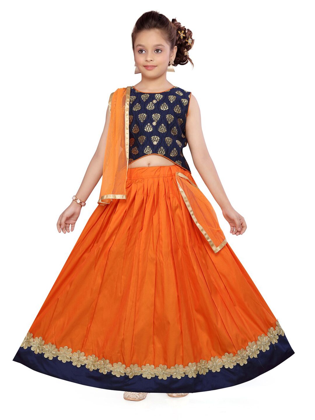 Aarika Girls Navy Blue & Orange Ready to Wear Lehenga & Blouse With Dupatta