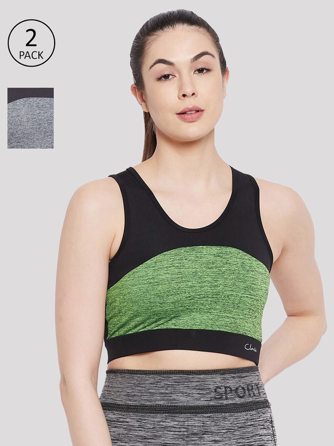Clovia Black & Green Pack of 2 Colourblocked Lightly Padded Non-Wired Sports Bra Price in India