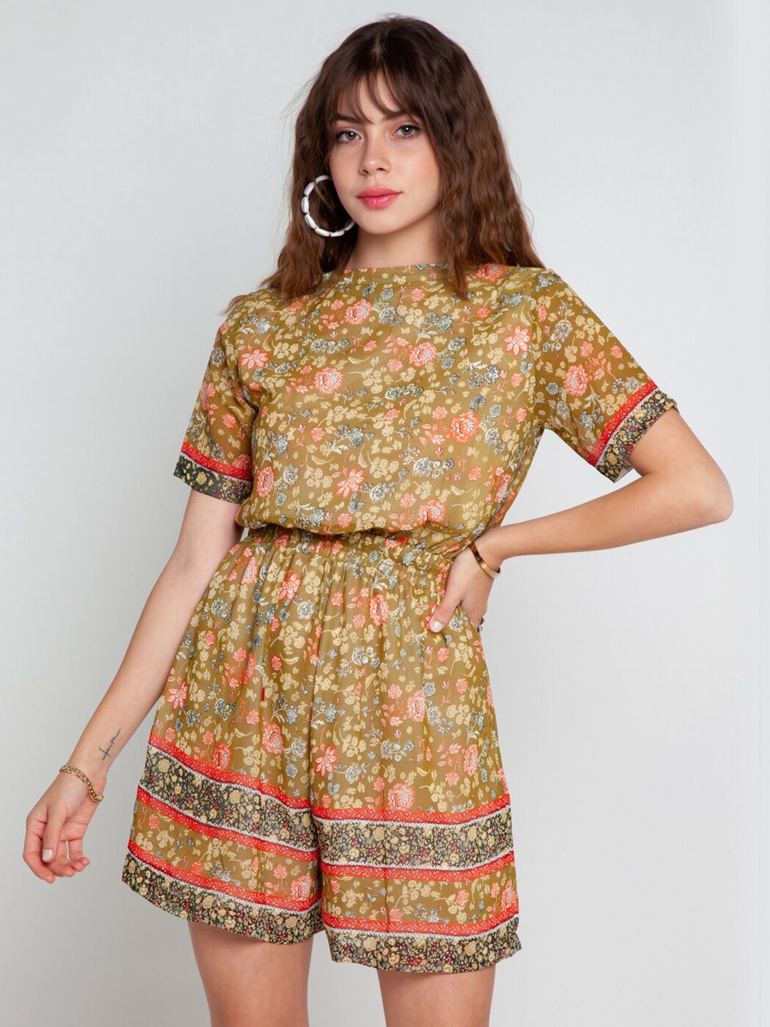 Zink London Green & Red Printed Playsuit Price in India