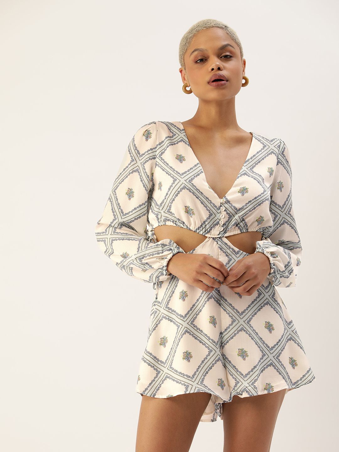 FOREVER 21 White & Blue Printed Jumpsuit Price in India