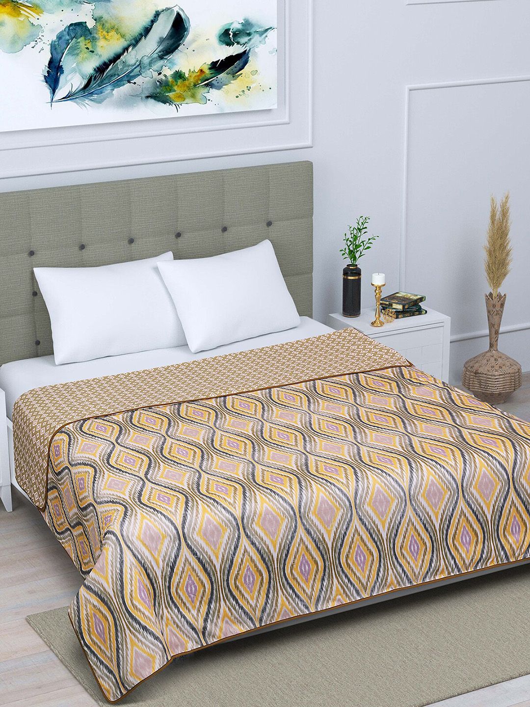 ROMEE Yellow & Brown Ethnic Motif AC Room 300 GSM Reversible Double Bed Dohar Price in India
