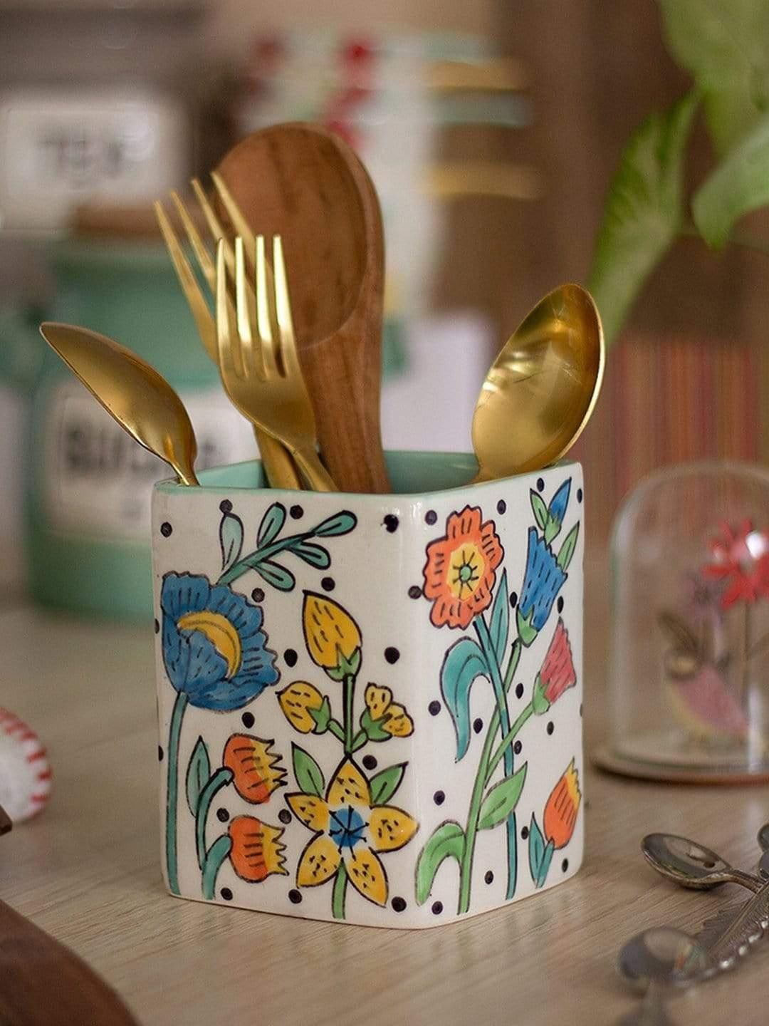 The Wishing Chair White Floral Handprinted Cutlery Holder Price in India