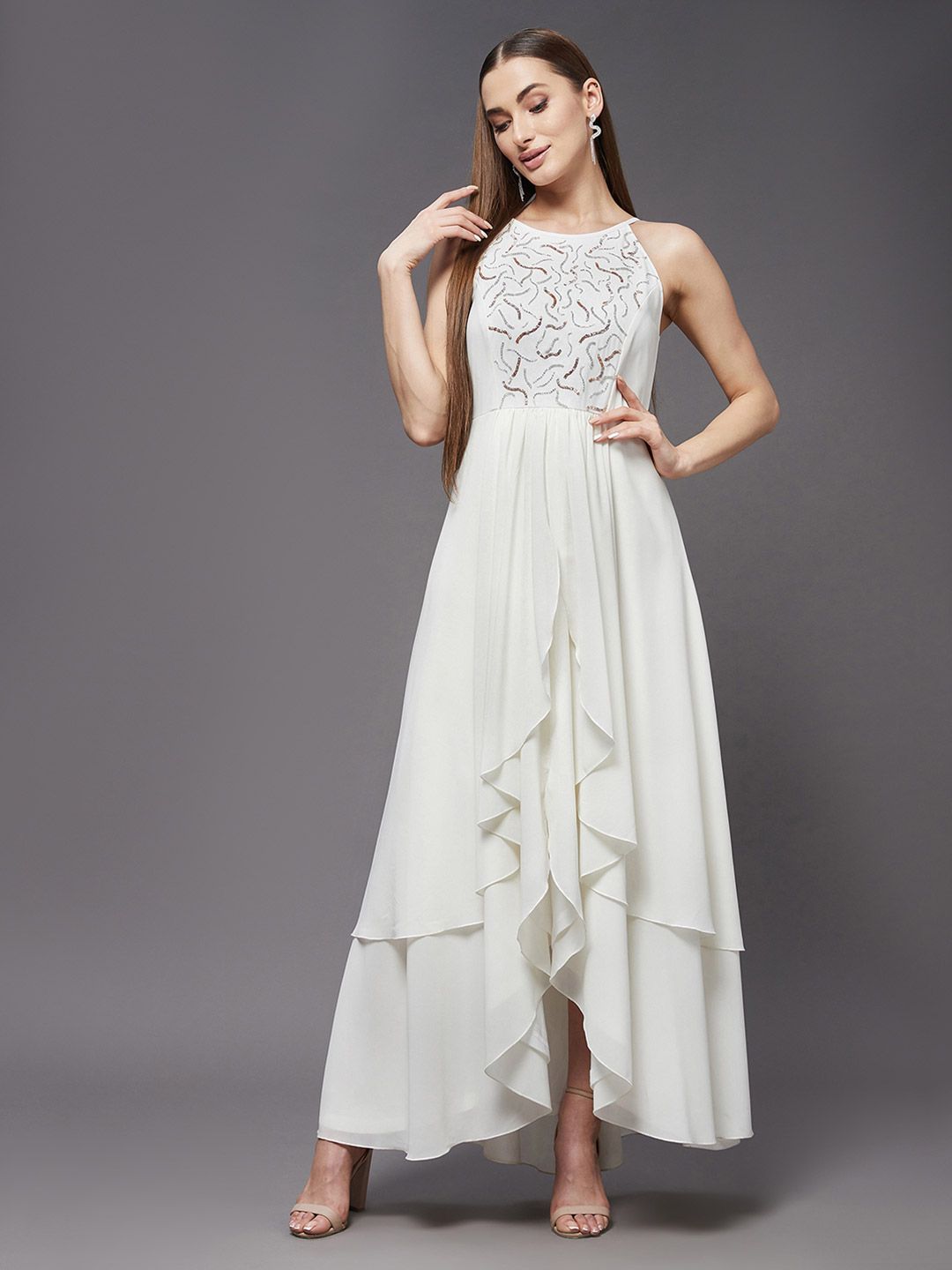 Miss Chase Off White Georgette Maxi Dress Price in India