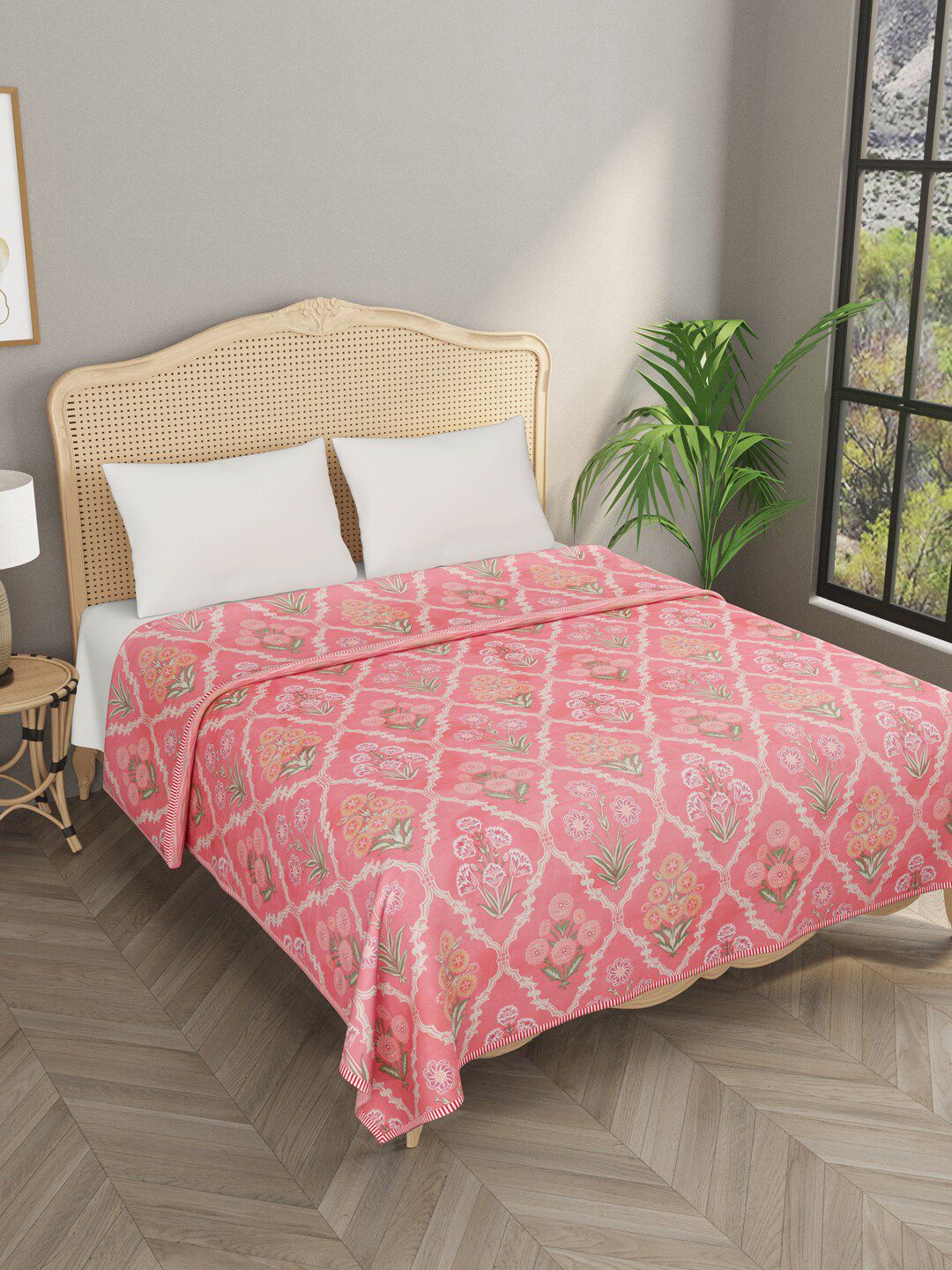 Gulaab Jaipur Peach-Coloured & White Ethnic Motifs AC Room 350 GSM Single Bed Dohar Price in India