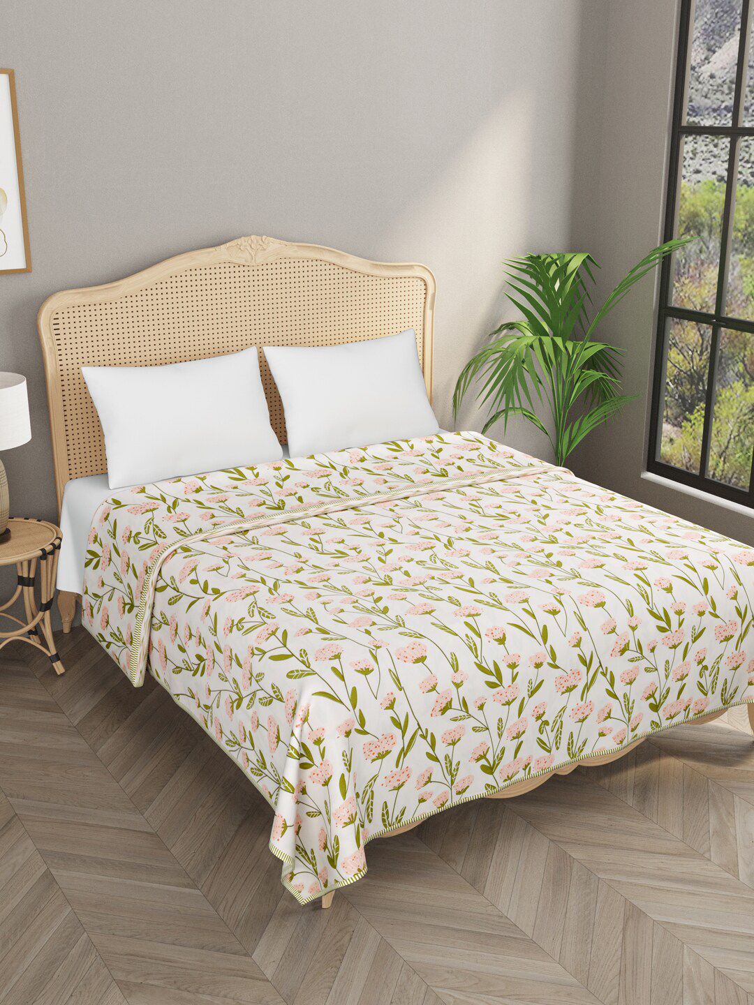 Gulaab Jaipur White & Green Floral AC Room 350 GSM Single Bed Dohar Price in India