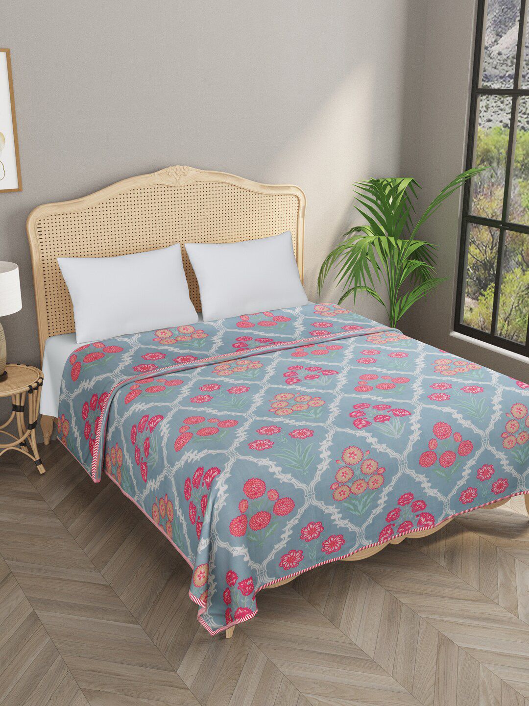 Gulaab Jaipur Blue & Pink Ethnic Motifs Print Cotton AC Room 350 GSM Single Bed Dohar Price in India