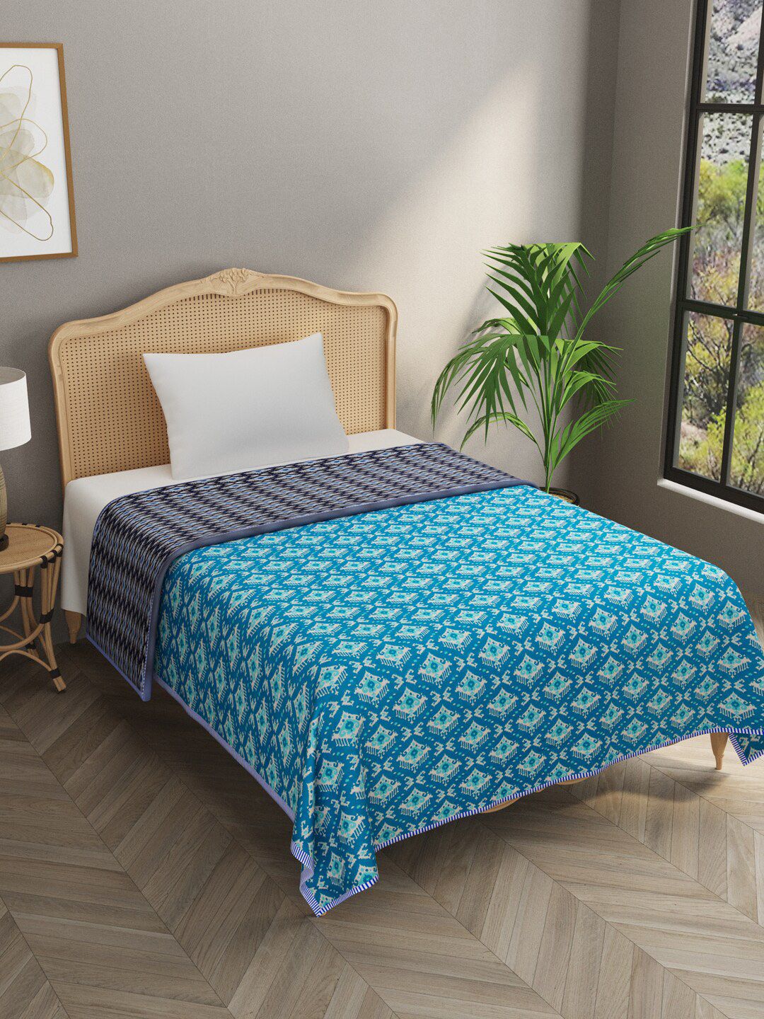 Gulaab Jaipur Blue & White Ethnic Motifs AC Room 350 GSM Single Bed Dohar Price in India
