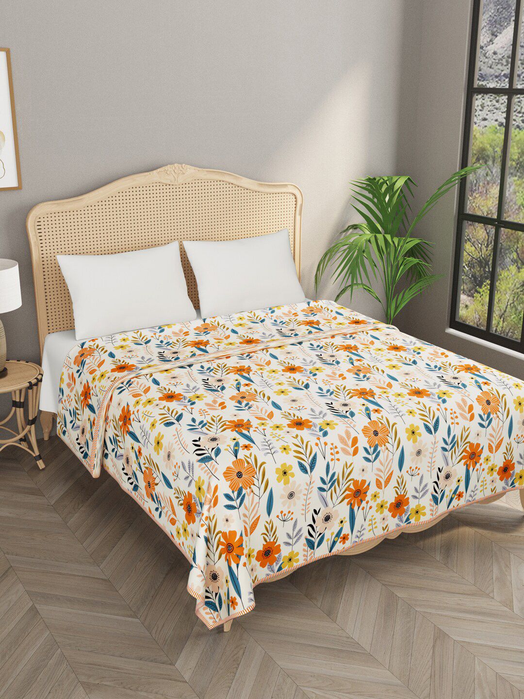 Gulaab Jaipur White & Orange Floral AC Room 350 GSM Single Bed Dohar Price in India