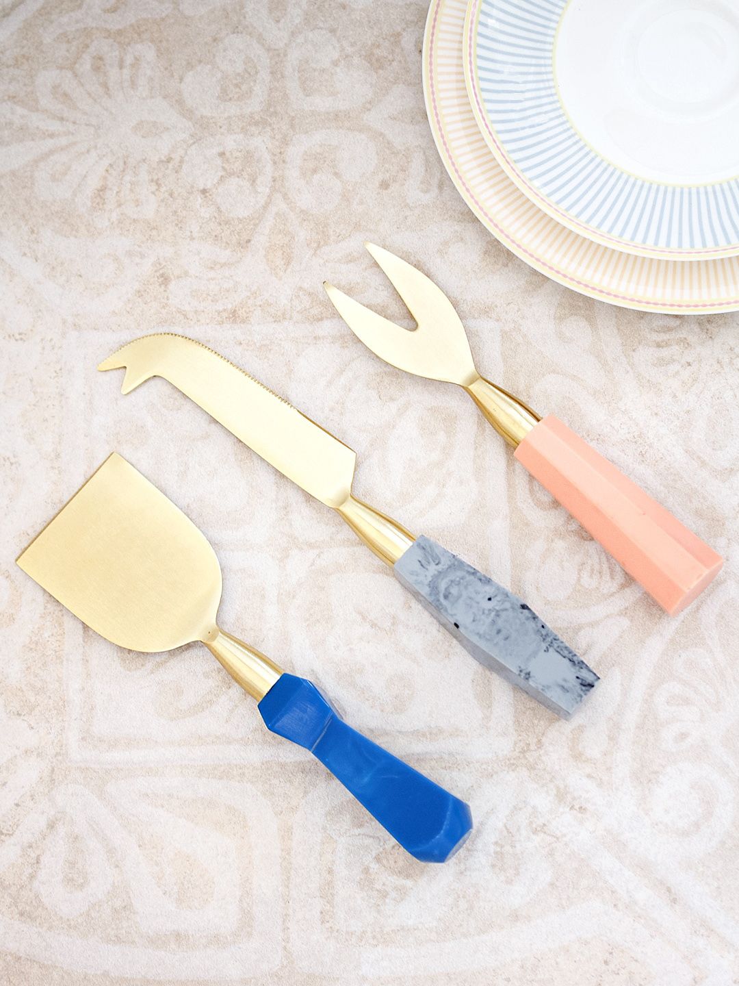 The Wishing Chair Set of 3 Blue & Peach Solid Cheese Knives with Resin Handles Price in India