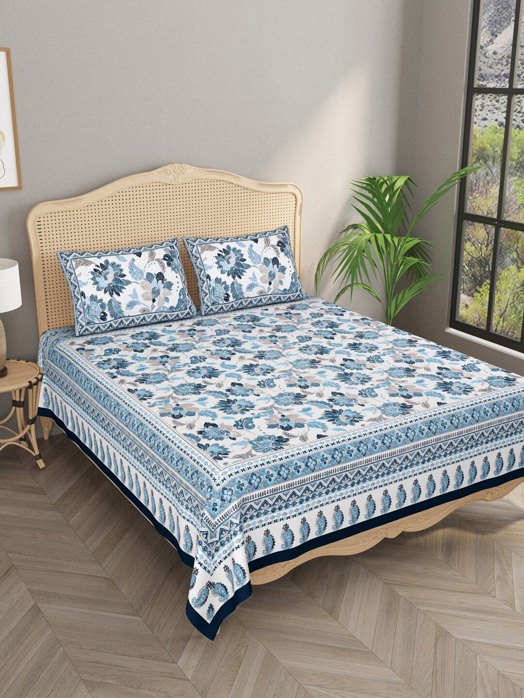 Gulaab Jaipur Blue & White Floral 600 TC King Bedsheet with 2 Pillow Covers Price in India