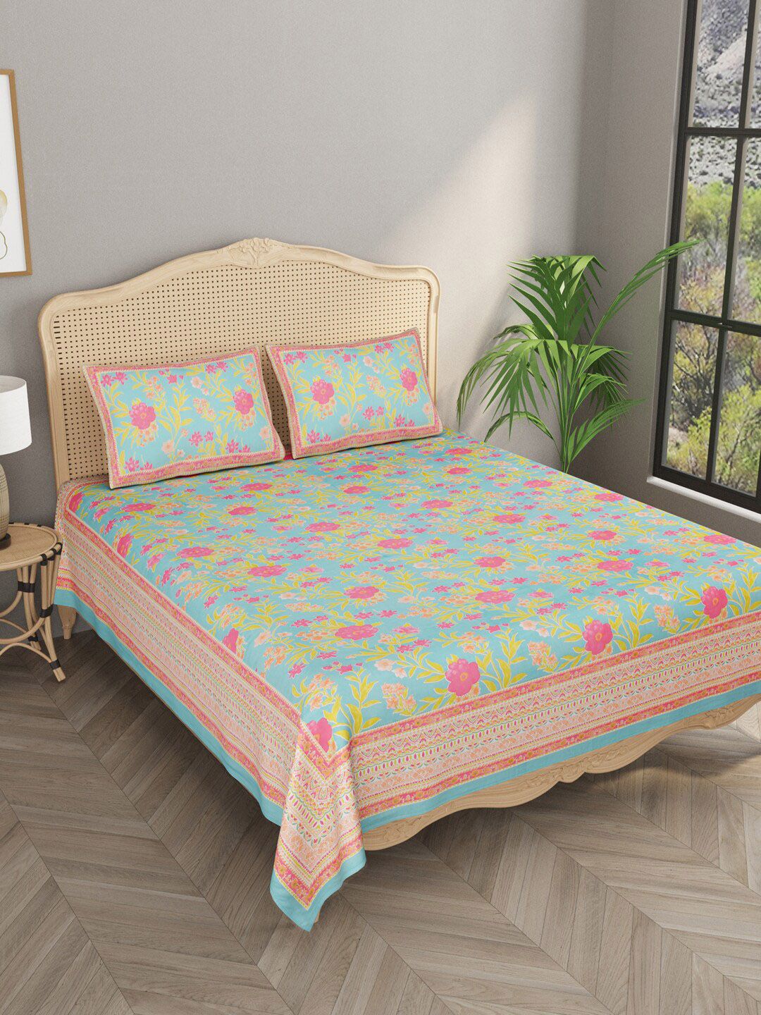 Gulaab Jaipur Blue & Pink Floral 600 TC Cotton King Bedsheet with 2 Pillow Covers Price in India