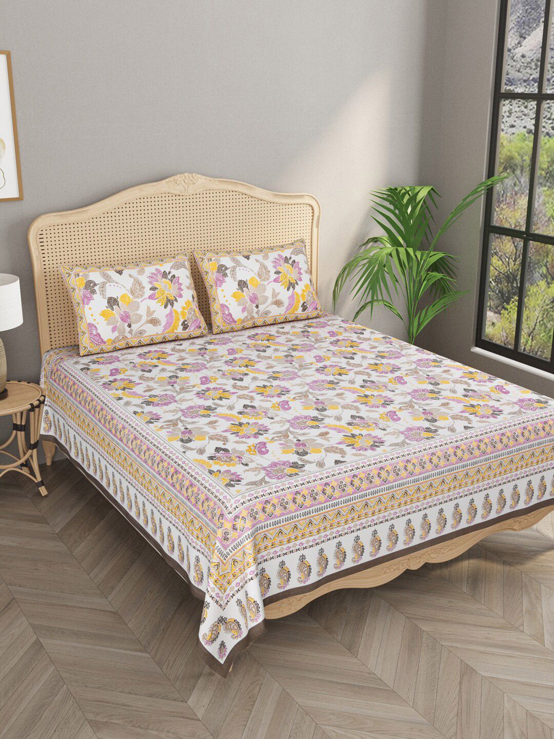 Gulaab Jaipur Purple & White Floral 600 TC King Bedsheet with 2 Pillow Covers Price in India