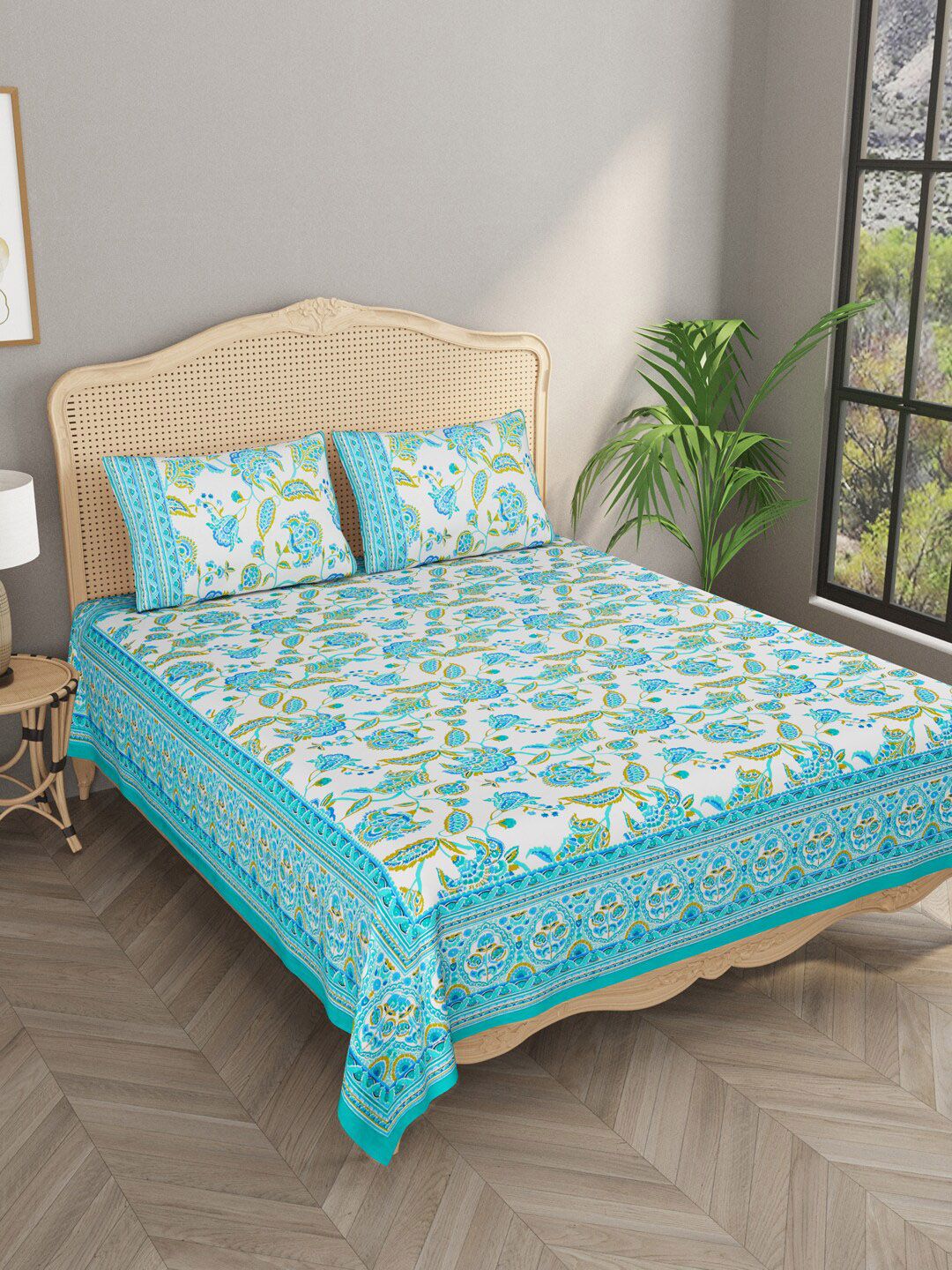 Gulaab Jaipur Blue & White Floral 600 TC King Bedsheet with 2 Pillow Covers Price in India