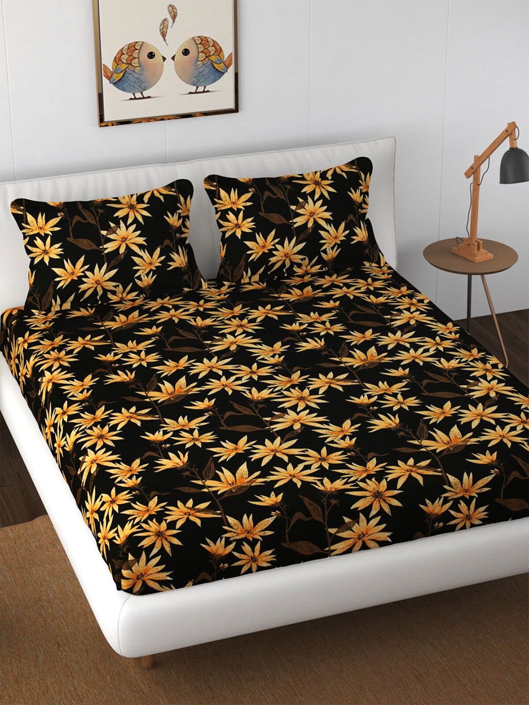 Florida Black & Brown Floral 144 TC King Fitted Bedsheet with 2 Pillow Covers Price in India