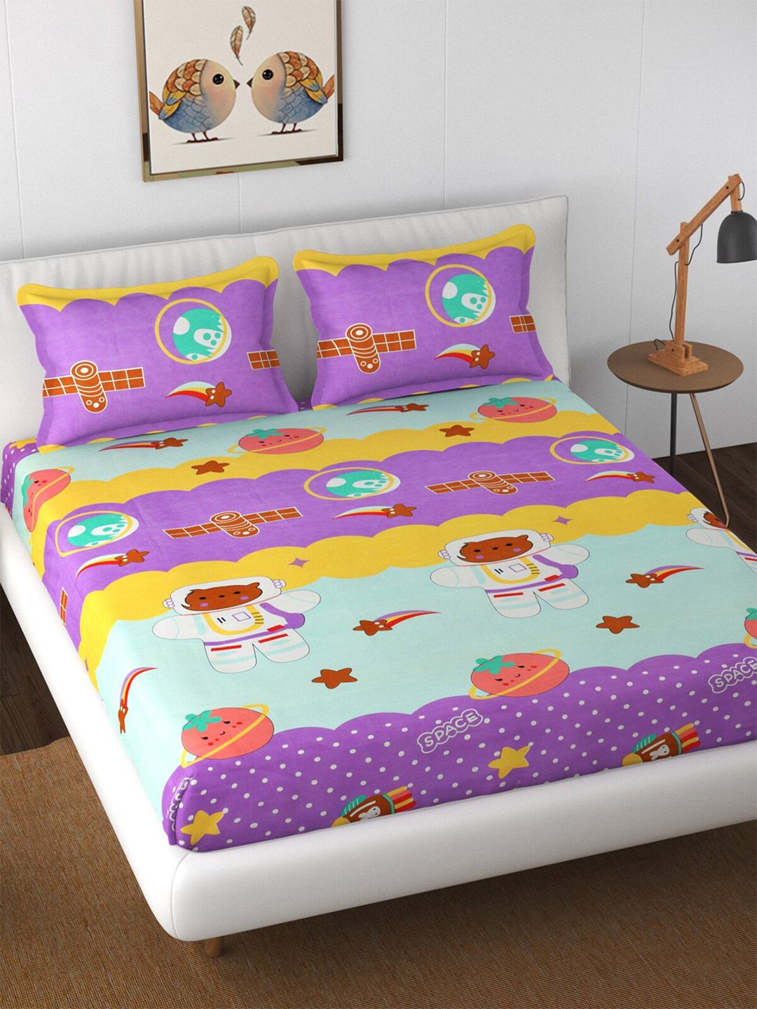 Florida Purple & Yellow Cartoon Characters 144 TC King Fitted Bedsheet with 2 Pillow Covers Price in India