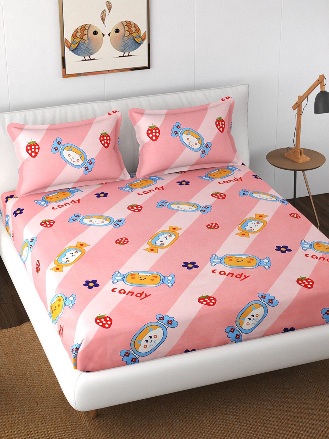Florida Pink & Blue PRinted 144 TC Fitted King Bedsheet with 2 Pillow Covers Price in India