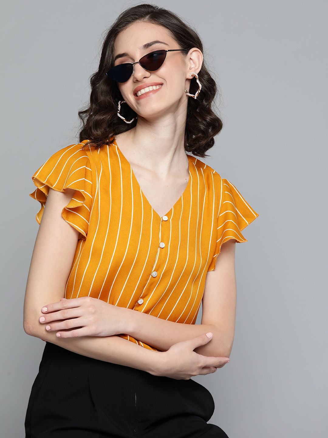 HERE&NOW Women Mustard Yellow & White Striped Top
