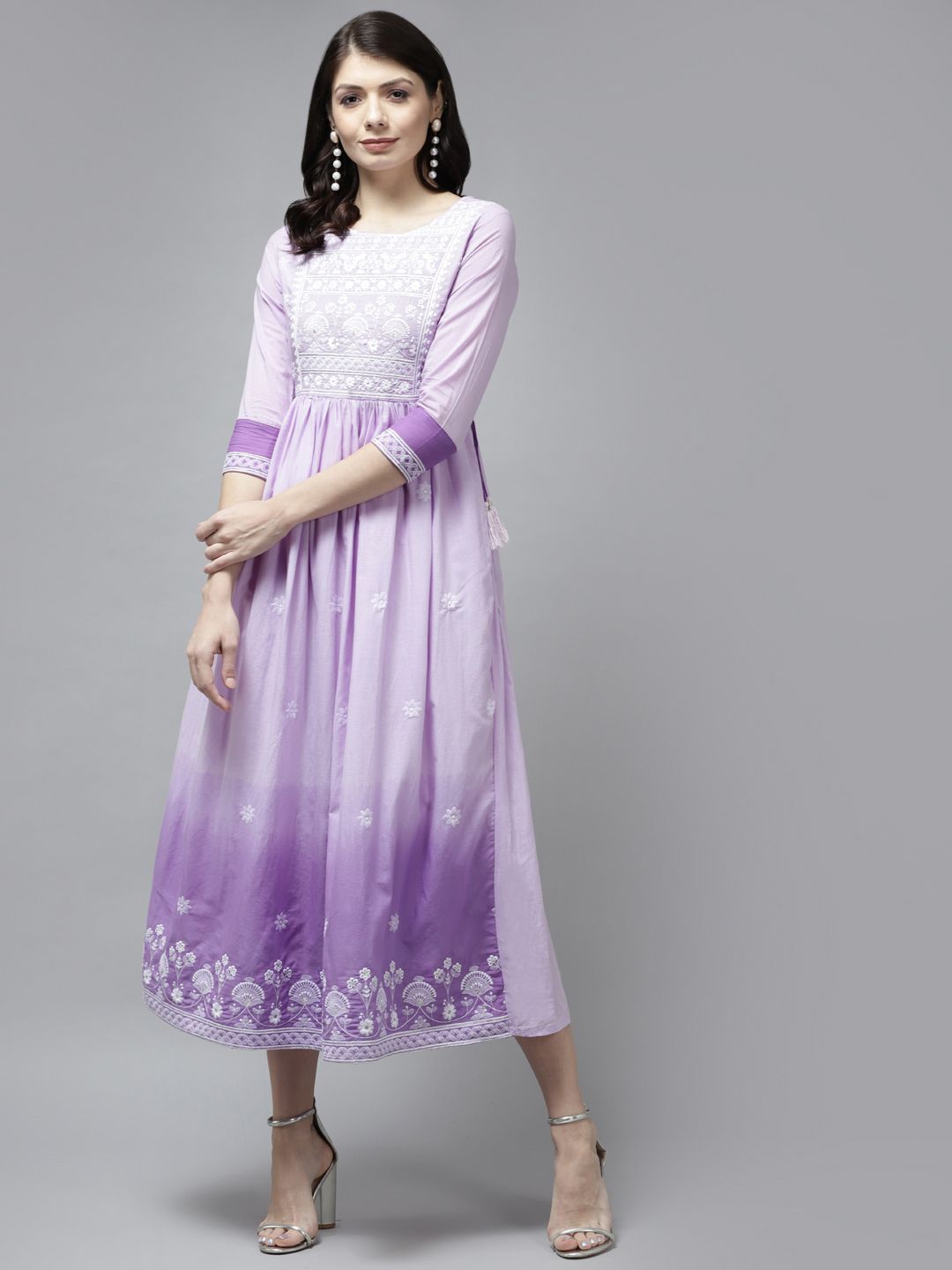 Yufta Lavender Ethnic Motifs Embroidered Cotton Ethnic Midi Dress Price in India
