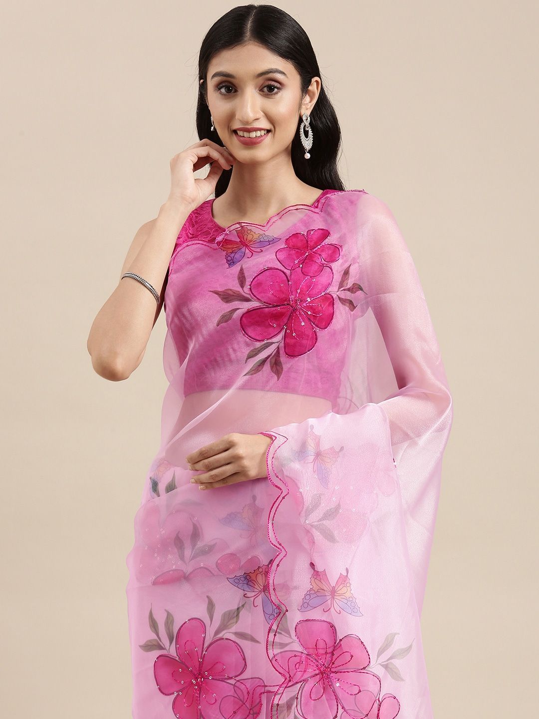 VASTRANAND Pink Floral Aari Work Organza Saree