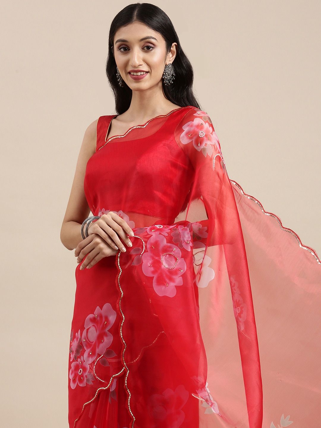 VASTRANAND Red Floral Beads and Stones Organza Saree