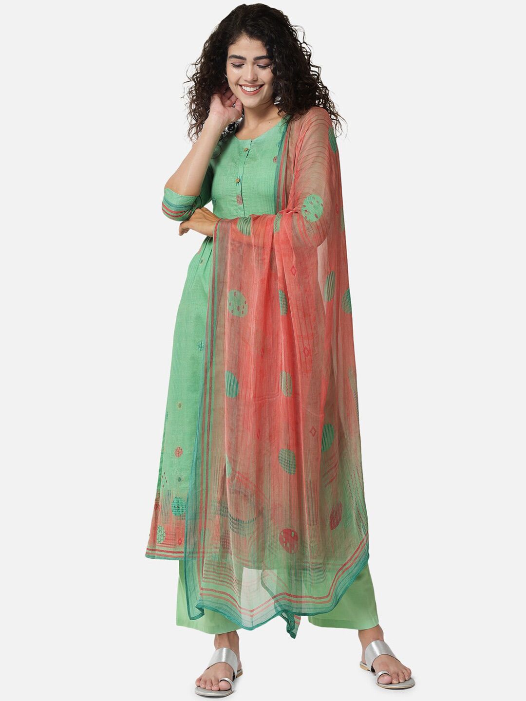 Jansi Green & Red Embroidered Unstitched Dress Material Price in India