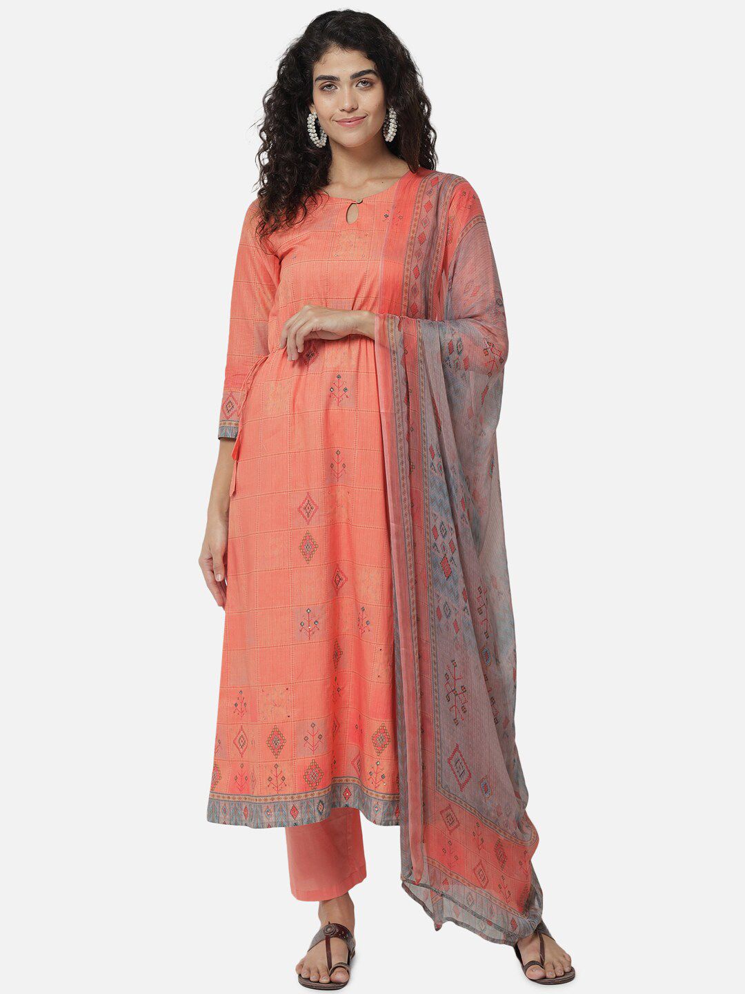 Jansi Peach-Coloured & Grey Printed Unstitched Dress Material Price in India