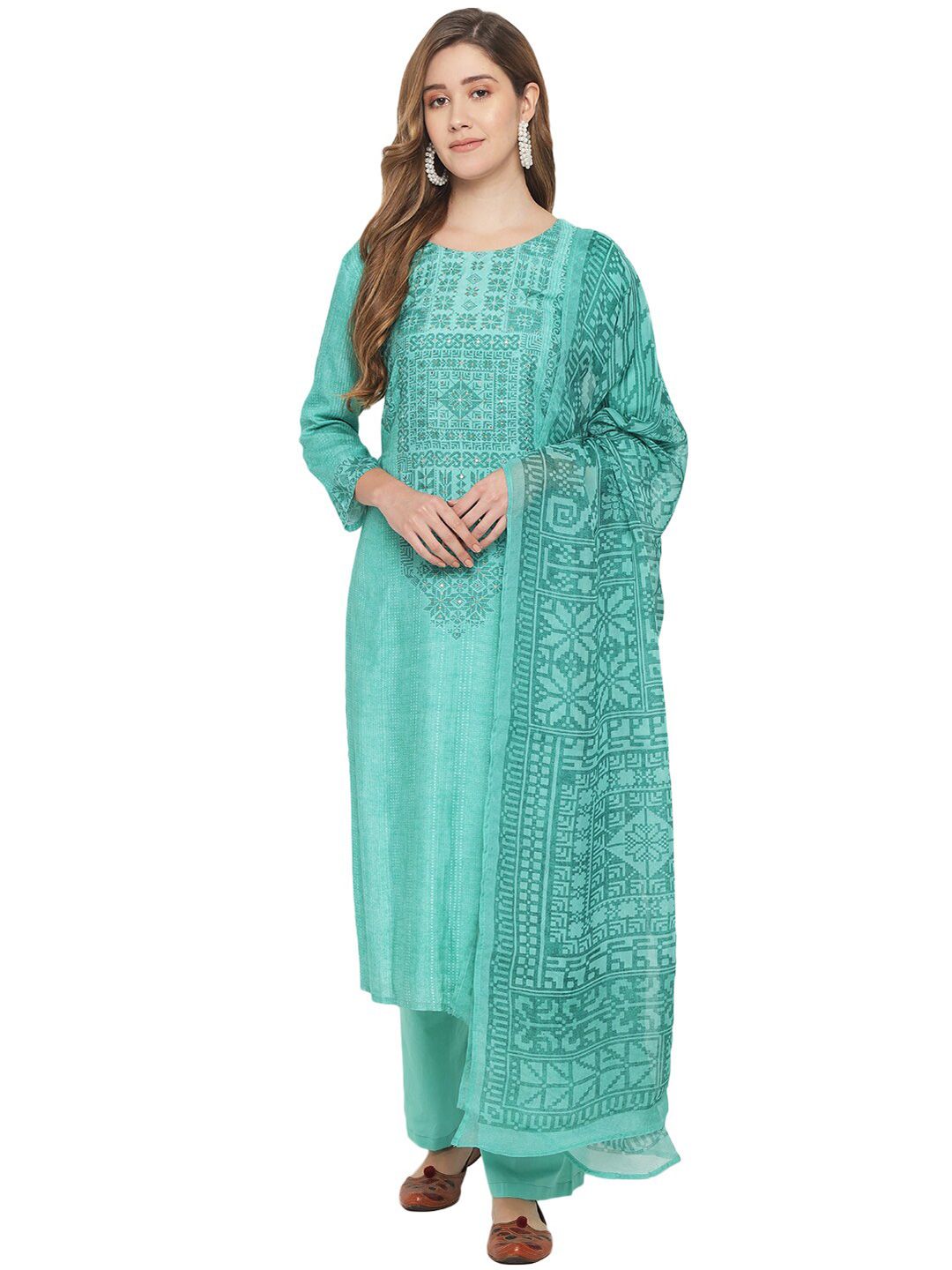 Jansi Turquoise Blue & Grey Printed Unstitched Dress Material Price in India