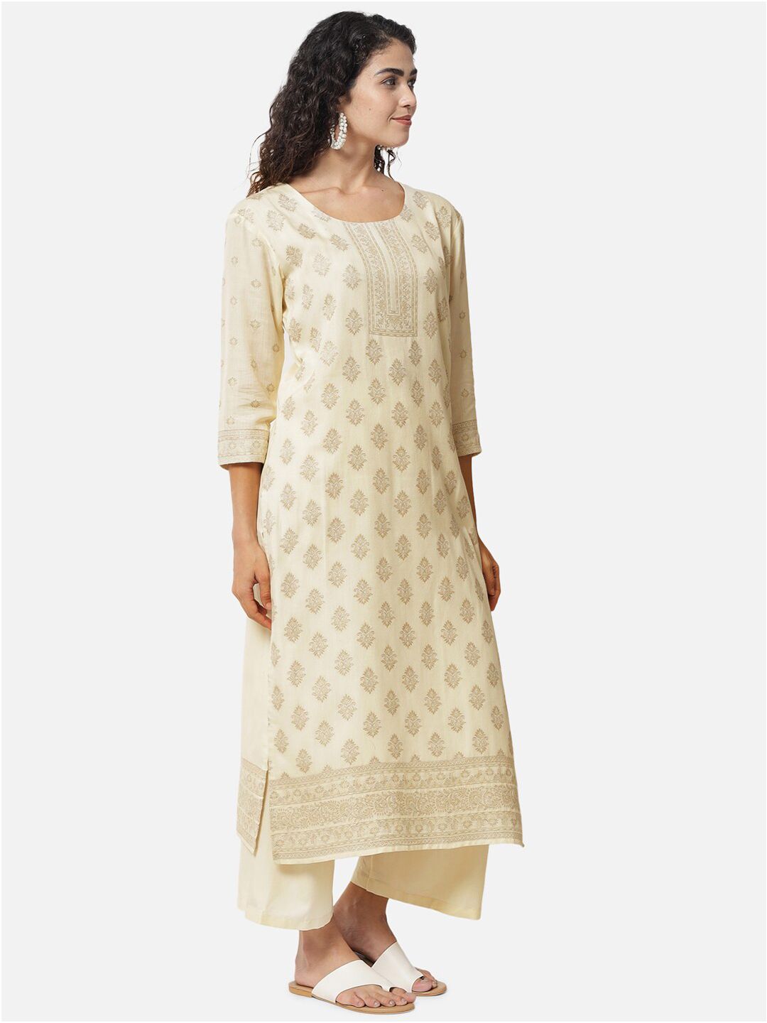 Jansi Cream-Coloured & Gold-Toned Unstitched Dress Material