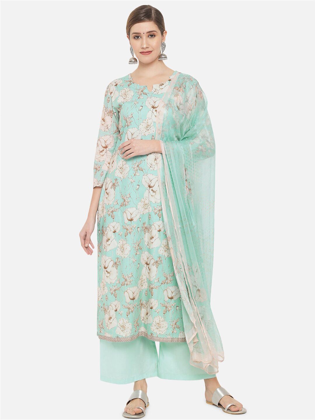 Jansi Sea Green & White Printed Unstitched Dress Material Price in India