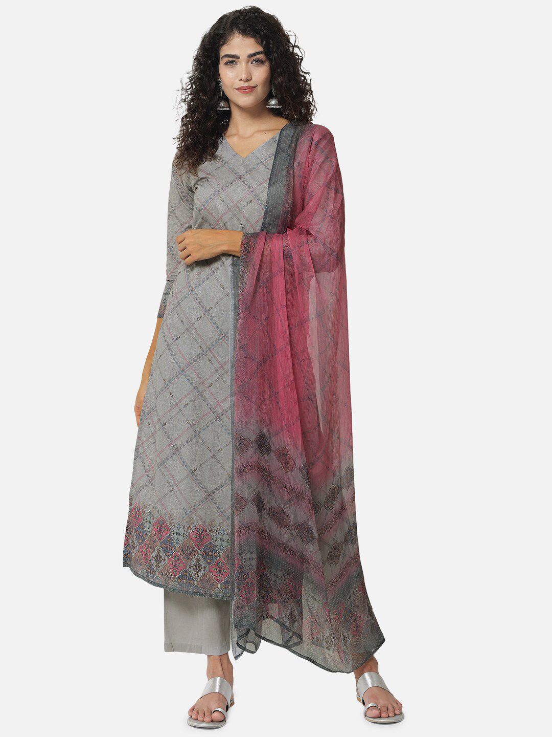 Jansi Grey & Red Printed Unstitched Dress Material Price in India