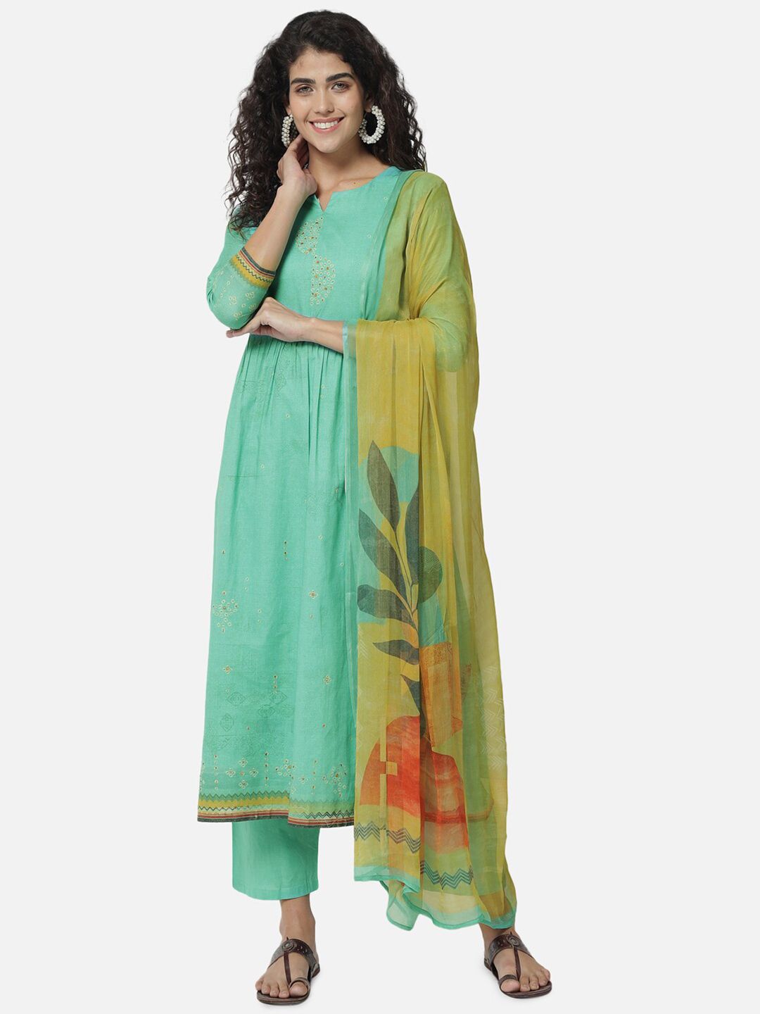 Jansi Sea Green & Yellow Printed Unstitched Dress Material Price in India