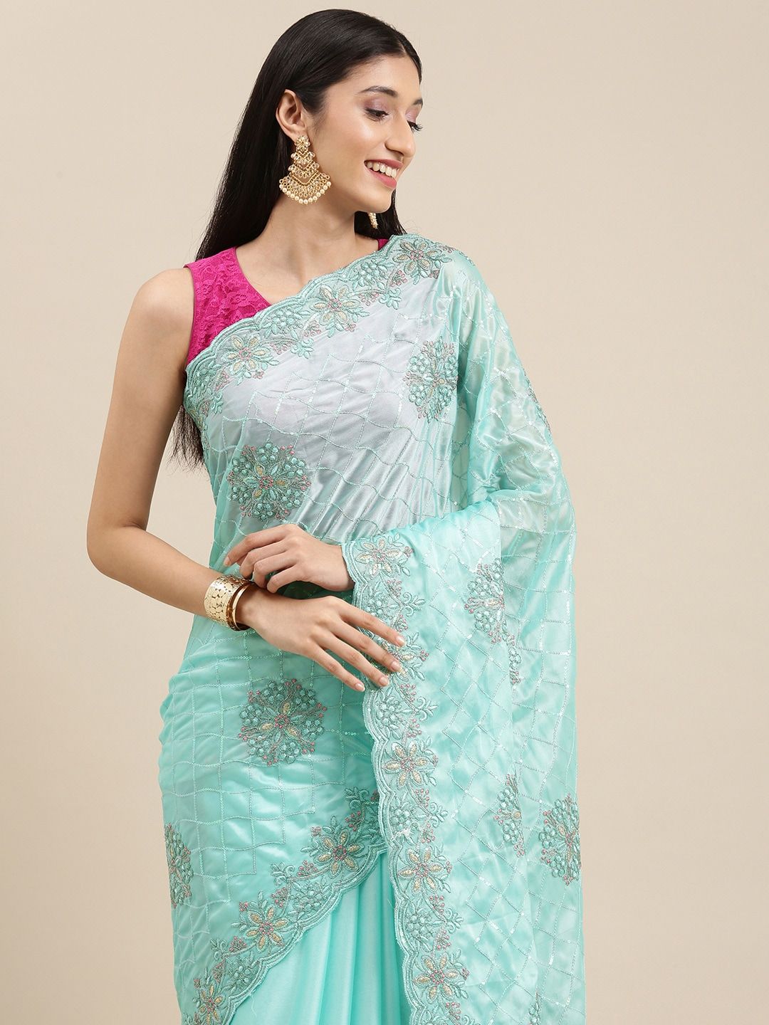 Pothys Blue Ethnic Motifs Sequinned Pure Chiffon Saree