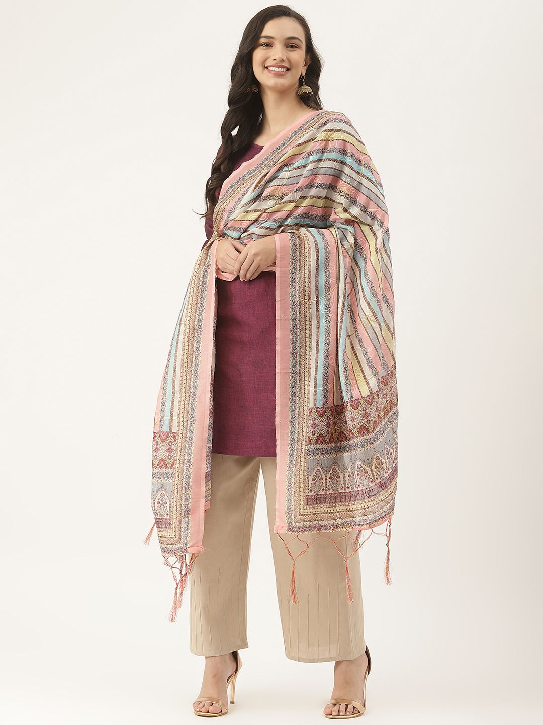 VAABA Multicoloured Striped Dupatta