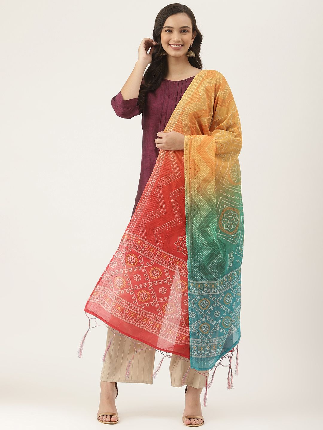 VAABA Multicoloured Printed Bandhani Dupatta Price in India